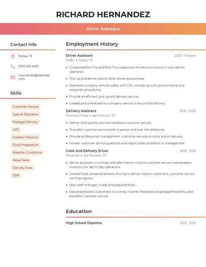 Driver Assistant Resume