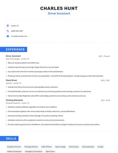 Driver Assistant Resume