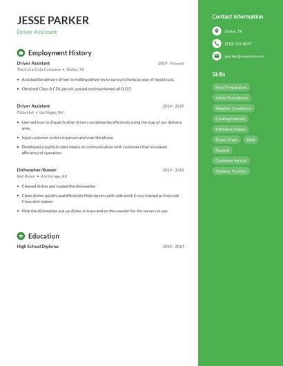 Driver Assistant Resume