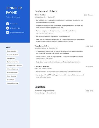 Driver Assistant Resume