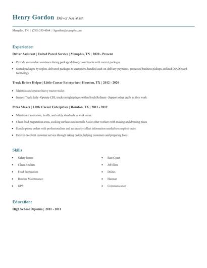 Driver Assistant Resume