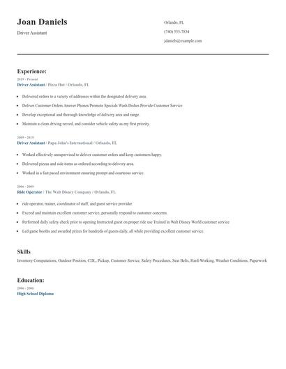 Driver Assistant Resume