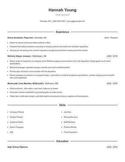 Driver Assistant Resume