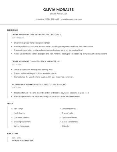 Driver Assistant Resume