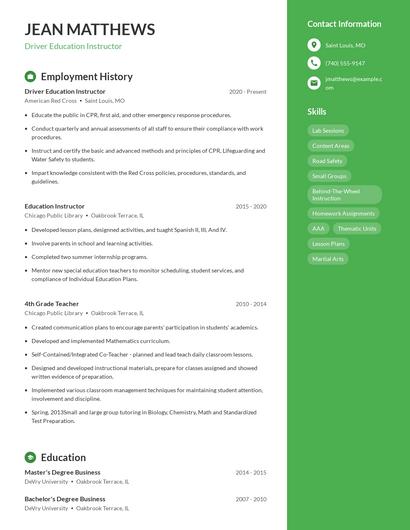 Driver Education Instructor Resume