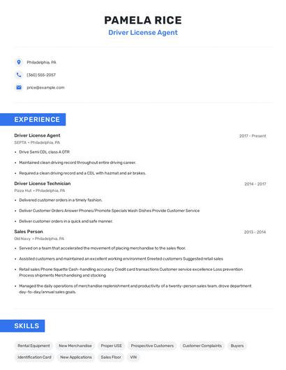 Driver License Agent Resume