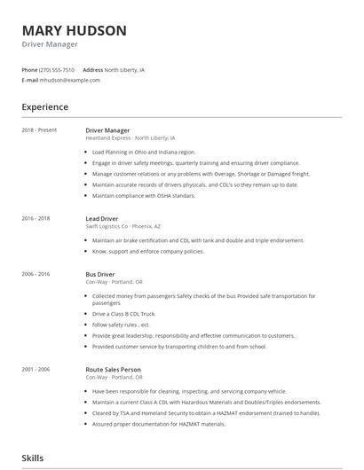 Driver Manager Resume