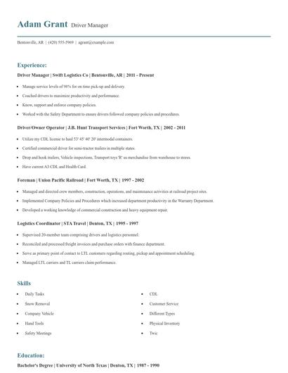Driver Manager Resume