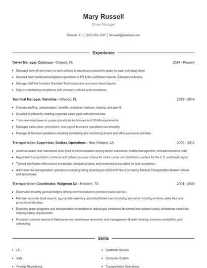 Driver Manager Resume