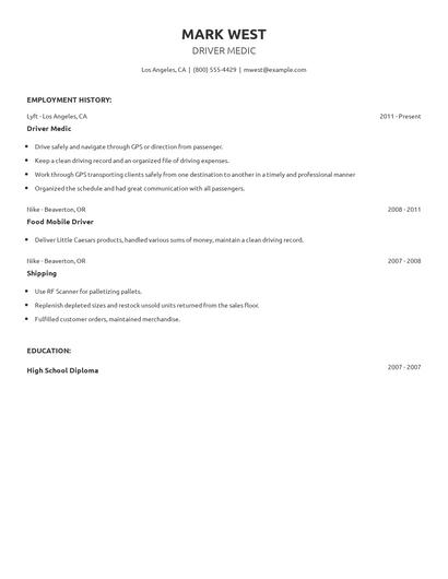 Driver Medic Resume