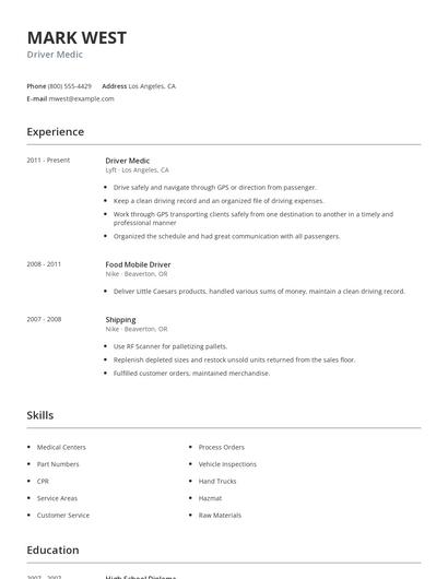 Driver Medic Resume
