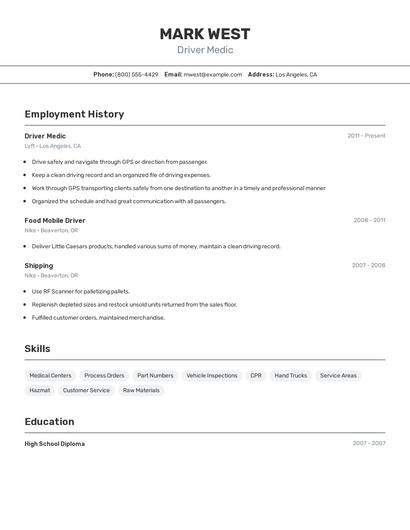 Driver Medic Resume