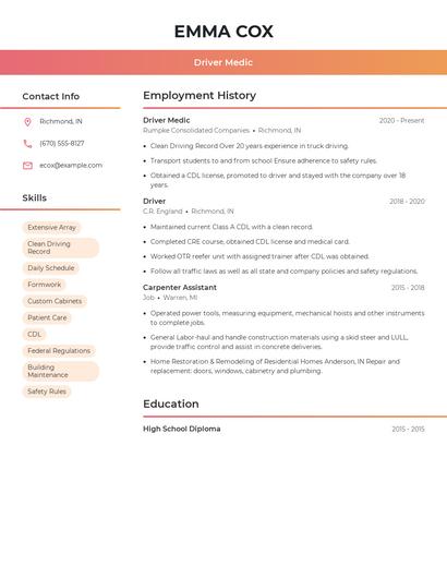 Driver Medic Resume
