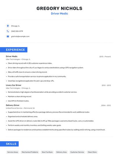 Driver Medic Resume