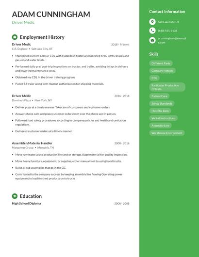 Driver Medic Resume