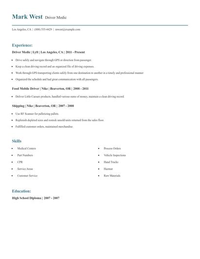 Driver Medic Resume