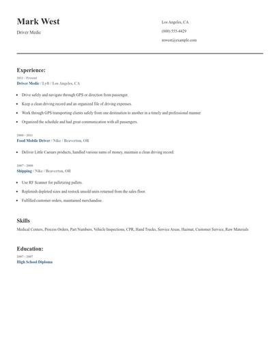 Driver Medic Resume