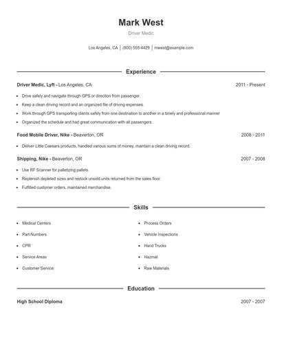 Driver Medic Resume
