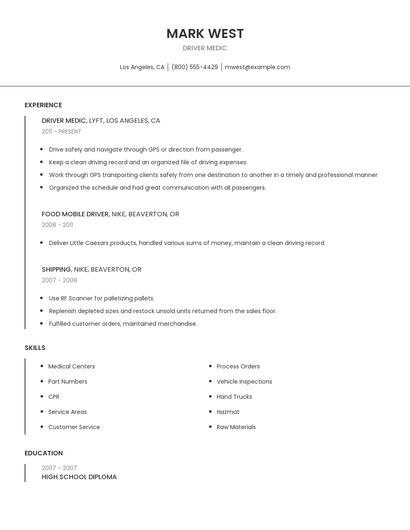 Driver Medic Resume