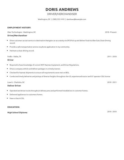 Driver/Merchandiser Resume
