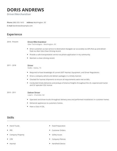 Driver/Merchandiser Resume