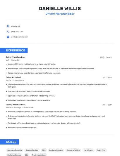 Driver/Merchandiser Resume