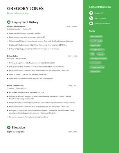 Driver/Merchandiser Resume