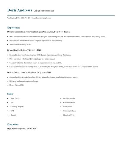Driver/Merchandiser Resume