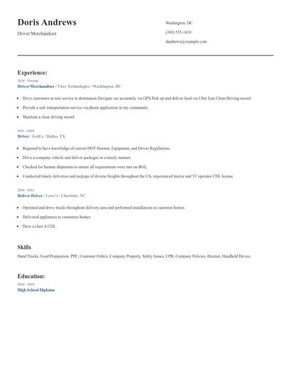 Driver/Merchandiser Resume