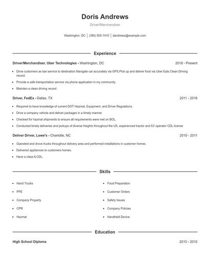 Driver/Merchandiser Resume