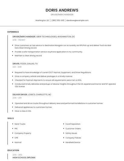 Driver/Merchandiser Resume
