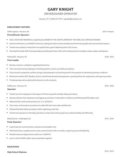 Driver/Owner Operator Resume