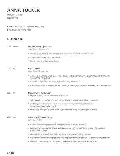 Driver/Owner Operator Resume