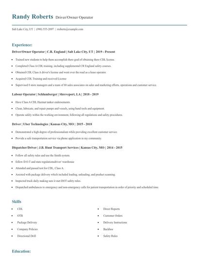 Driver/Owner Operator Resume