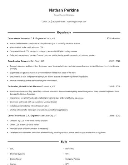 Driver/Owner Operator Resume