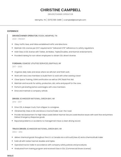 Driver/Owner Operator Resume