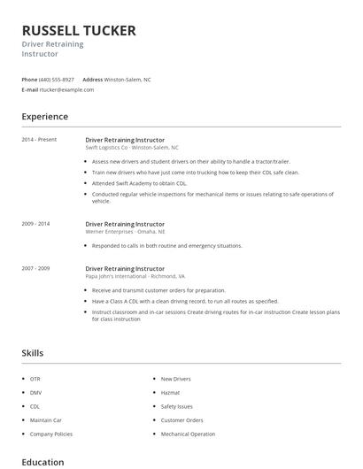 Driver Retraining Instructor Resume