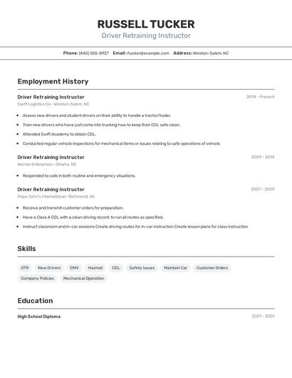 Driver Retraining Instructor Resume