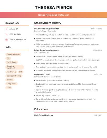 Driver Retraining Instructor Resume