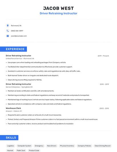 Driver Retraining Instructor Resume
