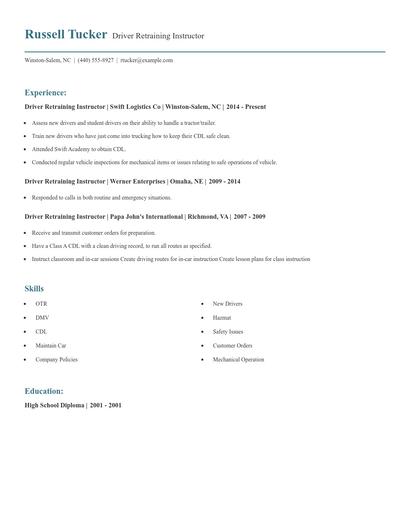 Driver Retraining Instructor Resume