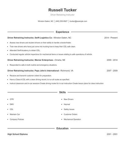 Driver Retraining Instructor Resume