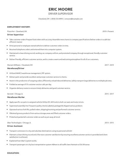 Driver Supervisor Resume