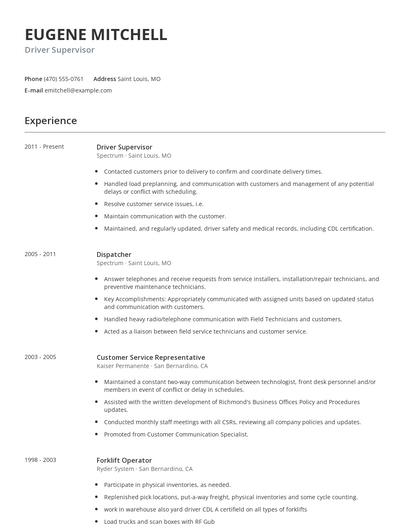 Driver Supervisor Resume
