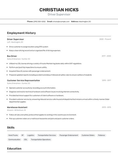 Driver Supervisor Resume