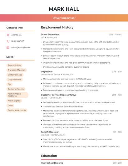 Driver Supervisor Resume