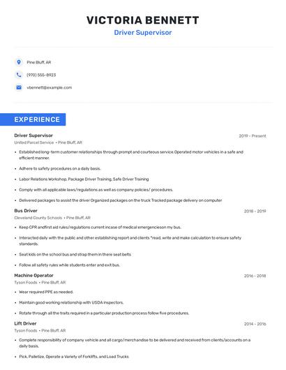Driver Supervisor Resume