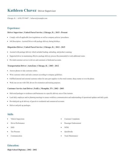 Driver Supervisor Resume