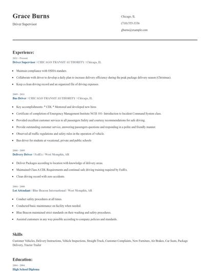 Driver Supervisor Resume