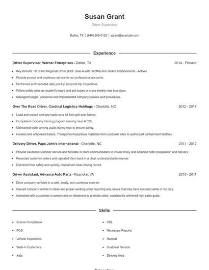 Driver Supervisor Resume